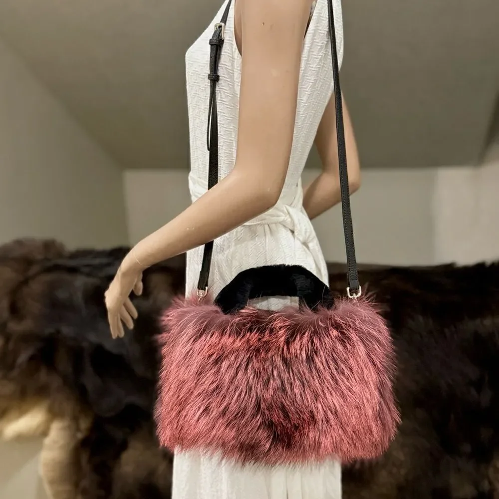 Maroon Handmade Dyed Real Fox Fur Bag With Fur Handle Includes 2 Strap Styles